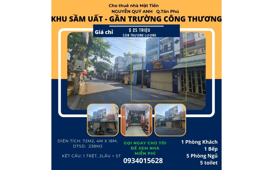 Cho thuê nhà mặt tiền Nguyễn Quý Anh 72m2, 2LẦU + ST, 25Triệu